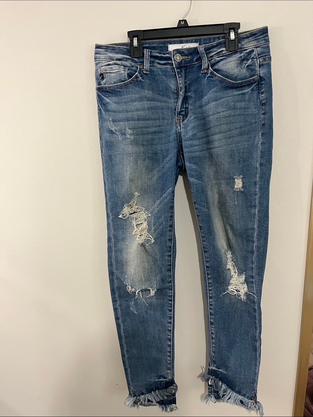KanCan Distressed Skinny Jeans in Medium Blue with Frayed Hem